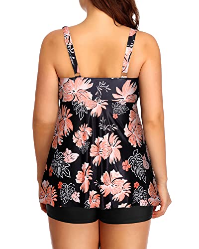 Two Piece Padded Push Up Bra Adjustable Shoulder Straps Women's Tankini-Black Orange Floral