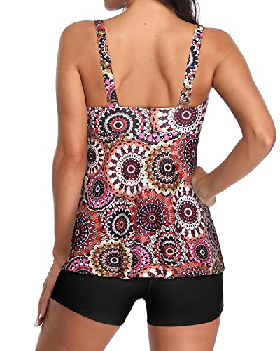 V Neck Tankini Bathing Suits Removable Padded Bras For Women-Brown Print