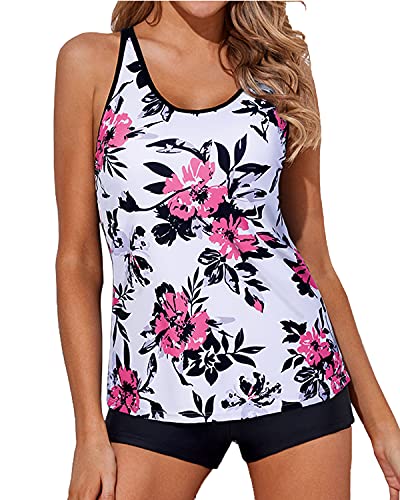 Strappy Back Tankini Bathing Suits Boy Shorts For Women-White Floral