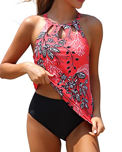 Two Piece High Neck Tankini Swimsuits For Women Tummy Control Bathing Suits-Red Floral