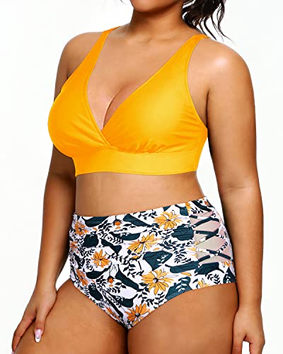 Plus Size Bikini High Waisted Two Piece Swimsuit Push-Up Padded Bra-Yellow Floral