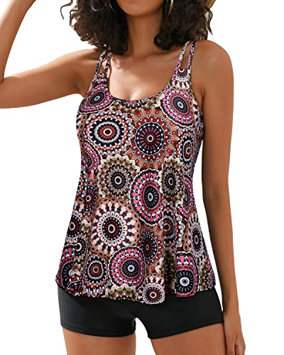 Flowy Tankini Tops Removable Push Up Bra And Boy Shorts Swimwear-Brown Print