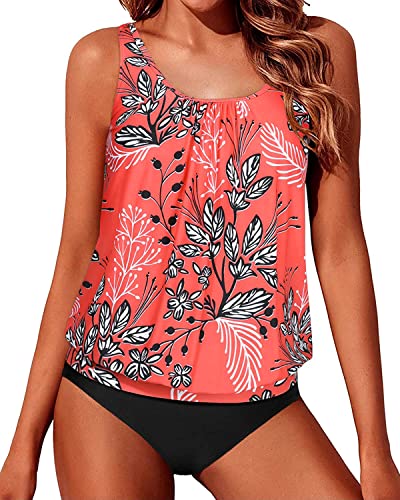 Tankini Swimsuits Push Up Bra Cups Blouson Bathing Suits For Women-Red Floral