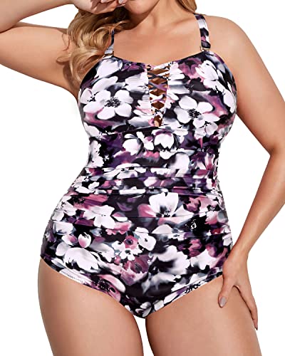Plus Size One Piece Swimsuits Deep V Neck And Full Coverage For Women-Purple Floral