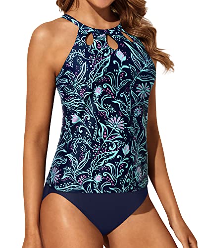 Stylish Keyhole Design Tummy Control Tankini Bathing Suit-Blue Floral