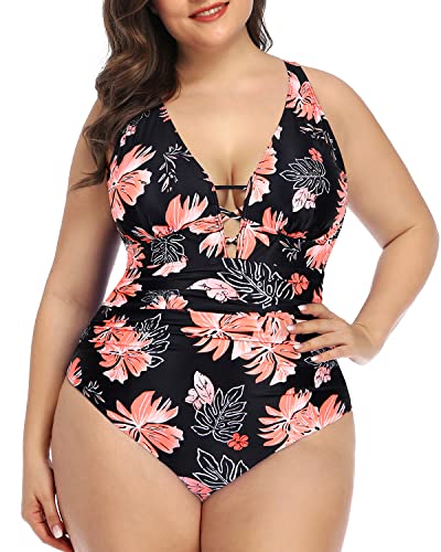 Criss Cross Back Plus Size Ruched One Piece Swimsuit-Black Orange Floral