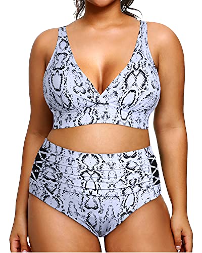 Stylish Tummy Control Plus Size Two Piece Bathing Suits-Snake Print