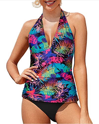 Halter Tankini Swimsuits V Neck Tops And Bikini Bottom Tummy Control-Colorful Leaves