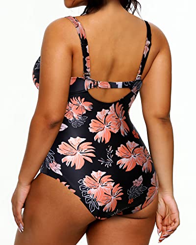 One Piece Plus Size Swimwear Push-Up Bra For Women-Black Orange Floral