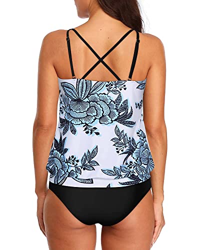 Athletic Blouson Tankini Swimsuits Tummy Control For Women-White And Blue Floral