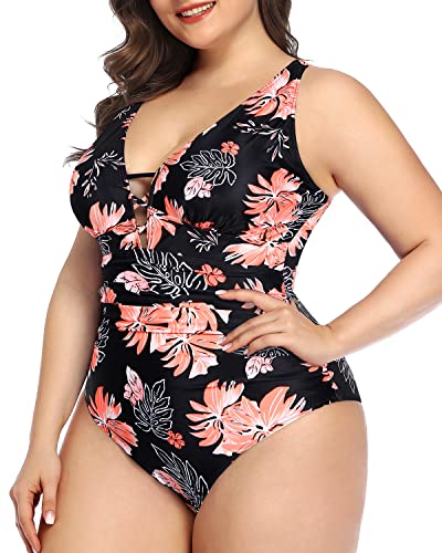 Criss Cross Back Plus Size Ruched One Piece Swimsuit-Black Orange Floral