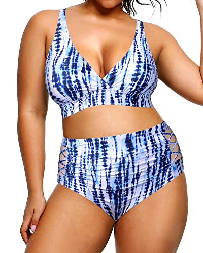 Volleyball Playing Plus Size Bikini High Waisted Bikini Swimsuits For Women-Blue Tie Dye