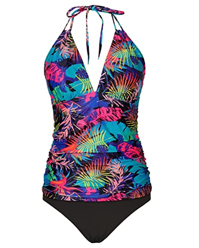 Halter Tankini Swimsuits V Neck Tops And Bikini Bottom Tummy Control-Colorful Leaves