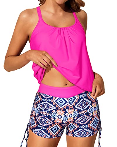 Full Coverage Push Up Padded Bra Womens Blouson Tankini Swimsuits-Pink Tribal