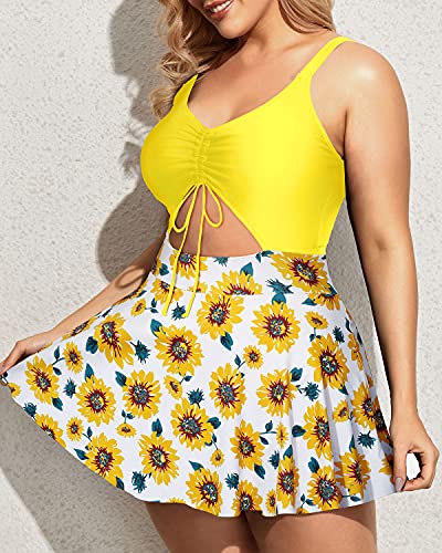 Plus Size Tie Front V Neck Swim Dress Push Up Padded Bra Bathing Suits-Yellow Floral