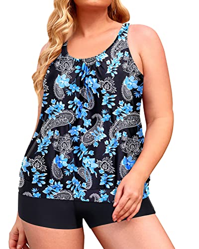 Slimming Tummy Control Tankini Boy Shorts Swimsuits For Women-Black Floral