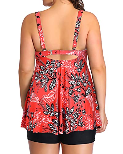 Women's Buckle At Back Plus Size Tankini Swimsuits 2 Piece Swimwear-Red Floral