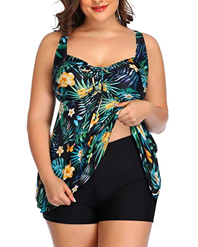 Flattering Plus Size Tankini Swimsuits Shorts For Women-Black Leaf
