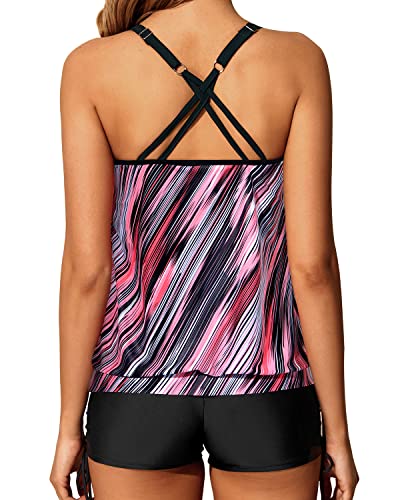 Full Coverage Slimming Tummy Control Womens Blouson Tankini Swimsuits-Pink Stripe