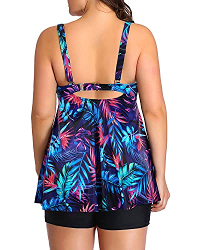 Tankini Swimsuits Bowknot Plus Size Flowy Swimwear For Women Shorts-Blue Purple Leaves