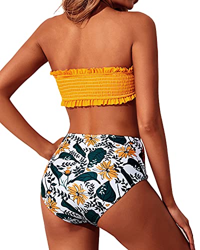 Bandeau Bikini Set Two Piece Smocked Swimsuits Ruffle Off Shoulder Bathing Suit-Yellow Floral