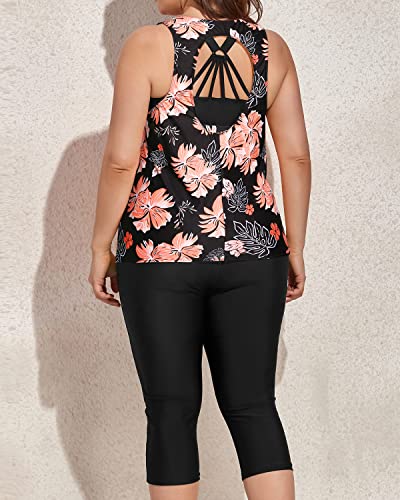 Removable Pad Tankini Tops Swim Capris For Women-Black Orange Floral