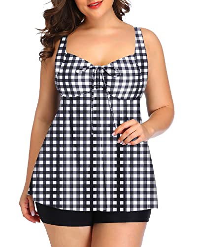 Plus Size 2 Piece Swimwear For Women Tankini And Boy Shorts-Black And White Checkered