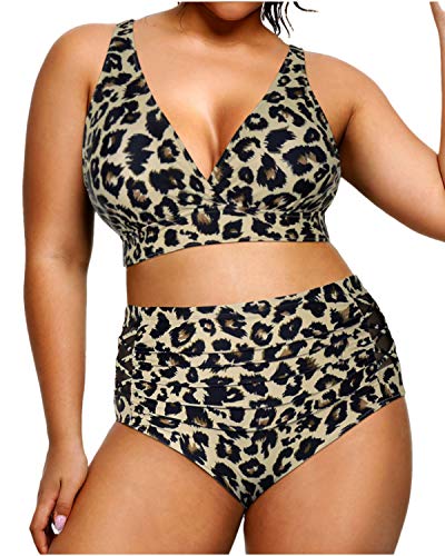 Women's Plus Size High Waisted Bikini Two Piece Swimsuits-Leopard