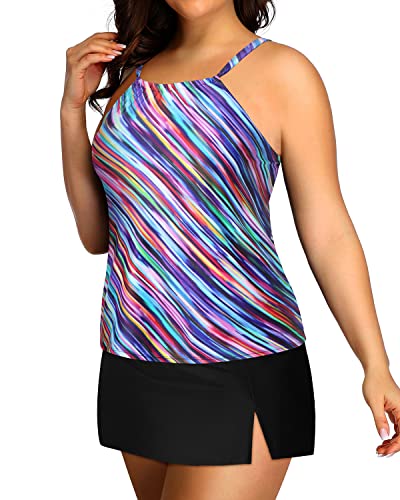 Women's Plus Size Tankini Skirt High Waisted Swim Skirt-Color Oblique Stripe