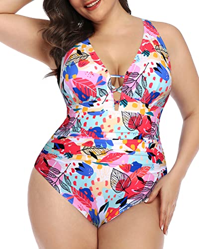 Slimming Ruched Detail Plus Size Deep V Neck One Piece Swimsuit-Colorful Leaves