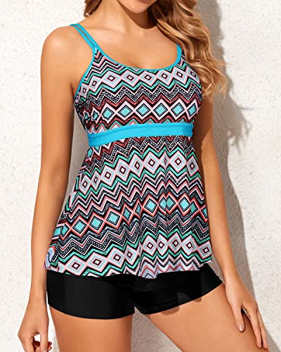 U Neck Tummy Control Swimsuits Two Piece Tankini Bathing Suits For Women-Black Tribal