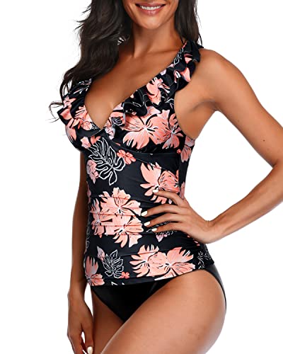 Deep V Neck Flounce Tankini Ruched Swimwear For Women-Black Orange Floral