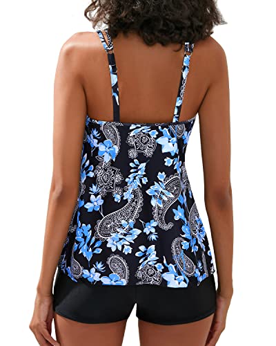 Athletic Swimsuits Tankini Top Boy Shorts Tummy Control Bathing Suits-Black Floral