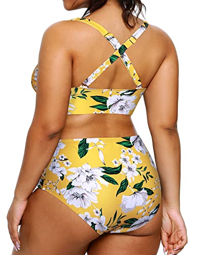 Tummy Control Plus Size Bikini High Waisted Bikini Swimsuits For Women-Yellow Flower