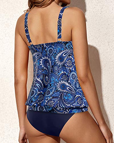 Loose Fit U Neck Tankini Bathing Suits For Women-Navy Blue Tribal