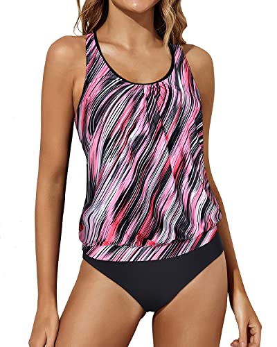 Racerback Two Piece Tankini Bathing Suits For Women Tummy Control-Pink Stripe