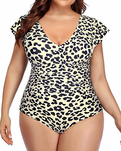 One Piece Ruffle Swimwear Plus Size Tummy Control Swimsuits-Leopard