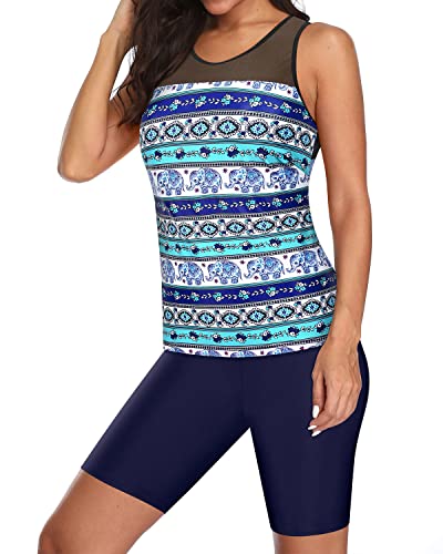 Round Neck Mesh Tankini Top Racerback And Long Swim Shorts For Women-Navy Blue Tribal