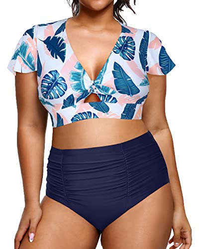 Two Piece Plus Size Bikini Set High Waisted Swimsuits Tummy Control Bathing Suits-Blue Pink Leaves
