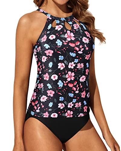 Long Torso Friendly High Waisted Tankini Set For Women-Black And Pink Floral