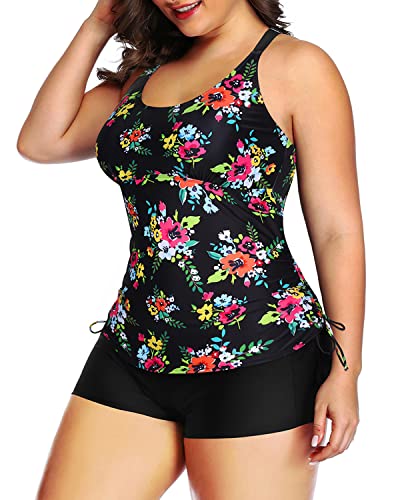 Women's Plus Size Tankini Swimsuit Shorts Athletic 2 Piece Swimwear-Black Floral