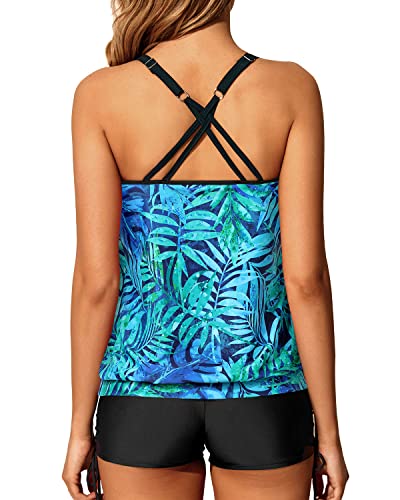 Slimming Push Up Padded Bra Blouson Tankini Swimsuit Shorts-Dark Blue Green Leaves