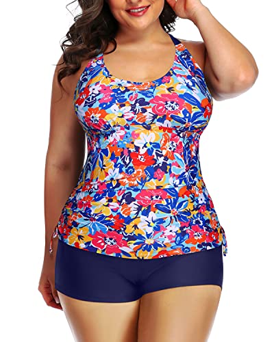 Athletic 2 Piece Plus Size Tankini Swimsuit Bathing Suit Top Shorts-Colorful Flower