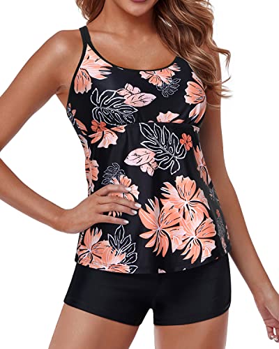 Women's Two Piece Tankini Swimsuits Shorts Tummy Control Bathing Suits-Black Orange Floral