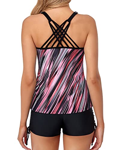 Scoop Neck Secure Feeling Tankini Swimsuits For Women Shorts-Pink Stripe
