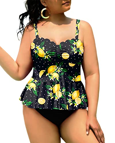 Women Peplum Swimwear Scalloped Swimsuits Tummy Control Bathing Suits-Black Lemon