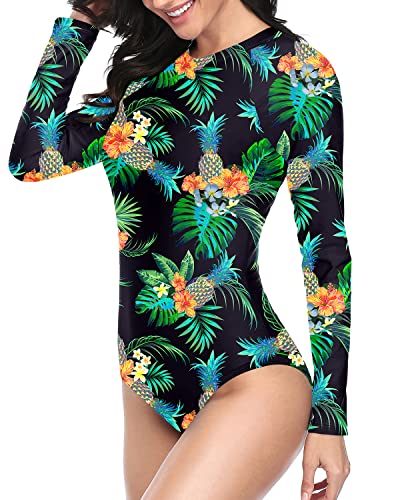 Womens Zipper Surfing Swimsuit Upf 50 Rash Guard Long Sleeve Swimsuit-Black Pineapple