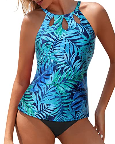Two Piece High Neck Sexy Tankini Swimsuits For Women-Dark Blue Green Leaves