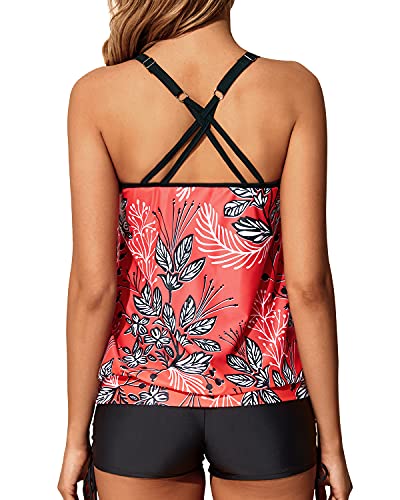 Loose Fit Slimming Tummy Control Tankini Swimsuits Mid Rise Boyleg Bottom-Red Floral