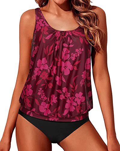 Cute Adjustable Shoulder Straps Tankini Swimsuits For Teen Girls-Red Flower